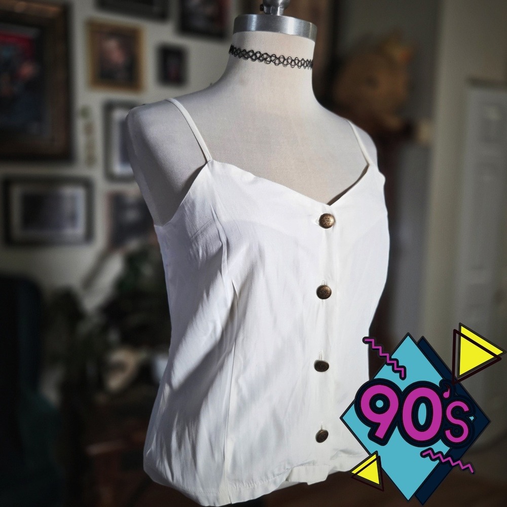 Vintage 90s Sitting Pretty White Button Front Cami‎ Top Spaghetti Strap Tank Top